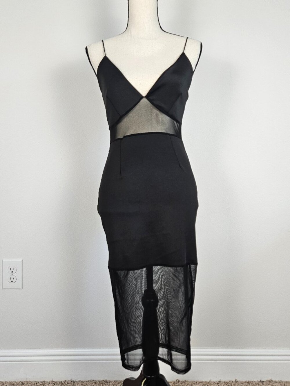 Boohoo Black Midi Bodycon Spaghetti Strap Dress With Mesh Cutouts Size US 8